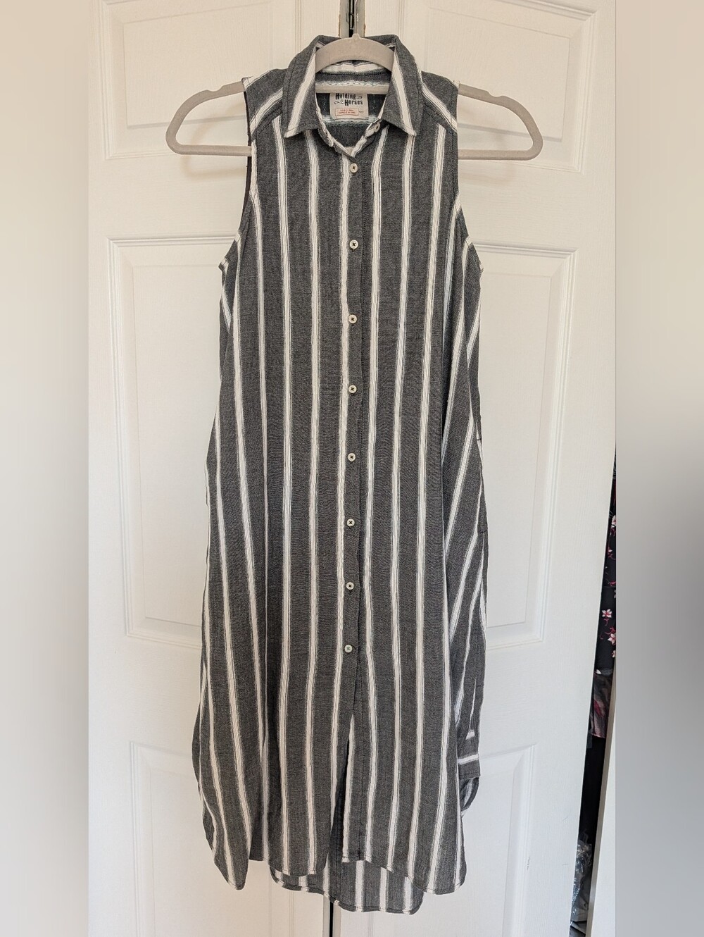 Holding Horses Charcoal and White Vertical Stripe Button-Front Summer Dress
